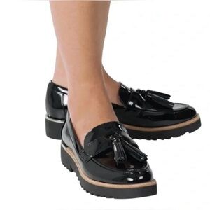 Franco Sarto Carolynn Tassel Loafer Black Patent Leather Lug Sole Slip On Sz 9M